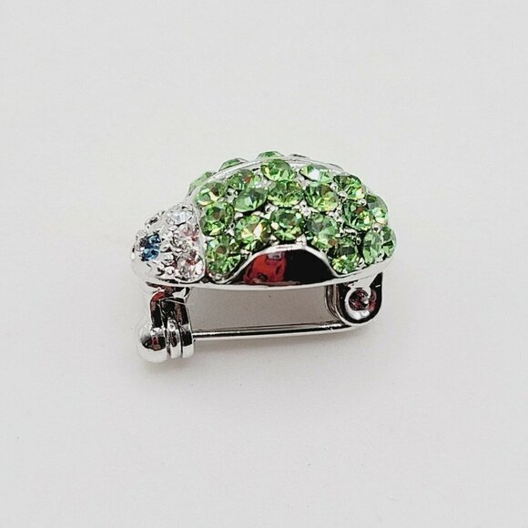 Pave Rhinestone Ladybug Brooch 5/8" Silver Tone Green Insect EUC Small Bling - Picture 6 of 9